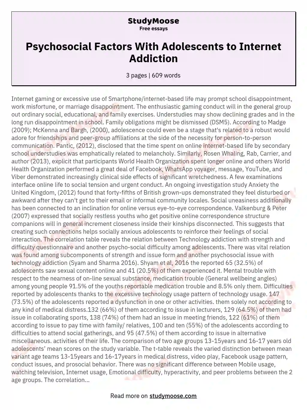 Psychosocial Factors With Adolescents to Internet Addiction essay