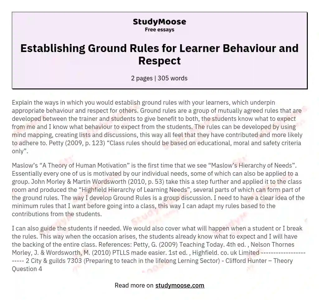 Ptlls L3 - Q4 - Explain the Ways in Which You Would Establish Ground Rules with Your Learners, Which Underpin Appropriate Behaviour and Respect for Others