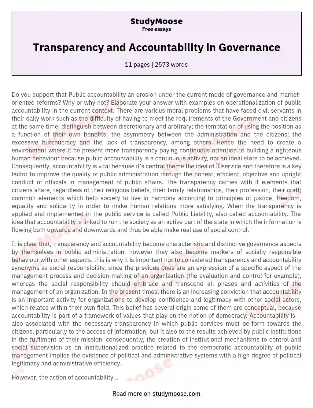 Transparency and Accountability in Governance essay