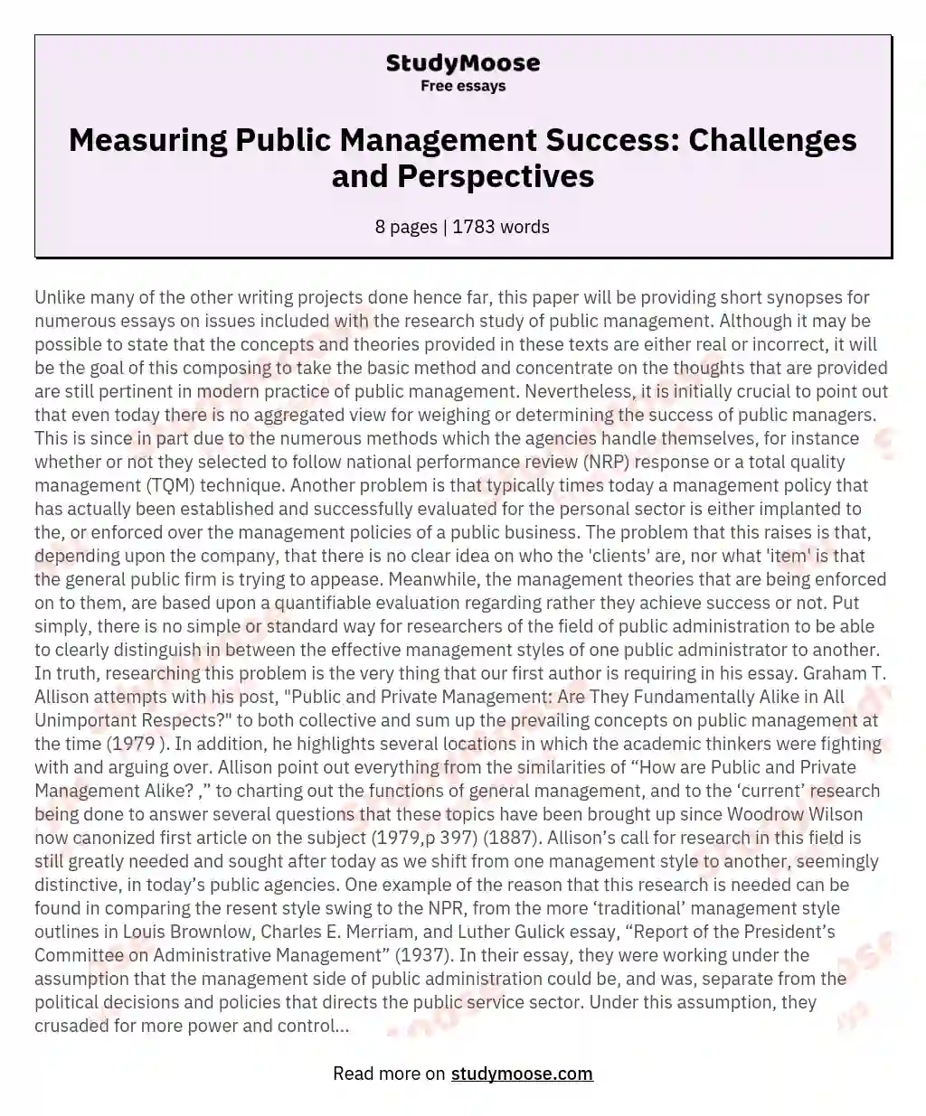 Measuring Public Management Success: Challenges and Perspectives essay