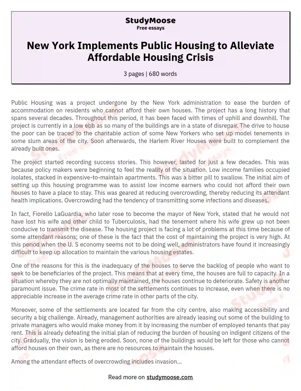 New York Implements Public Housing to Alleviate Affordable Housing Crisis essay