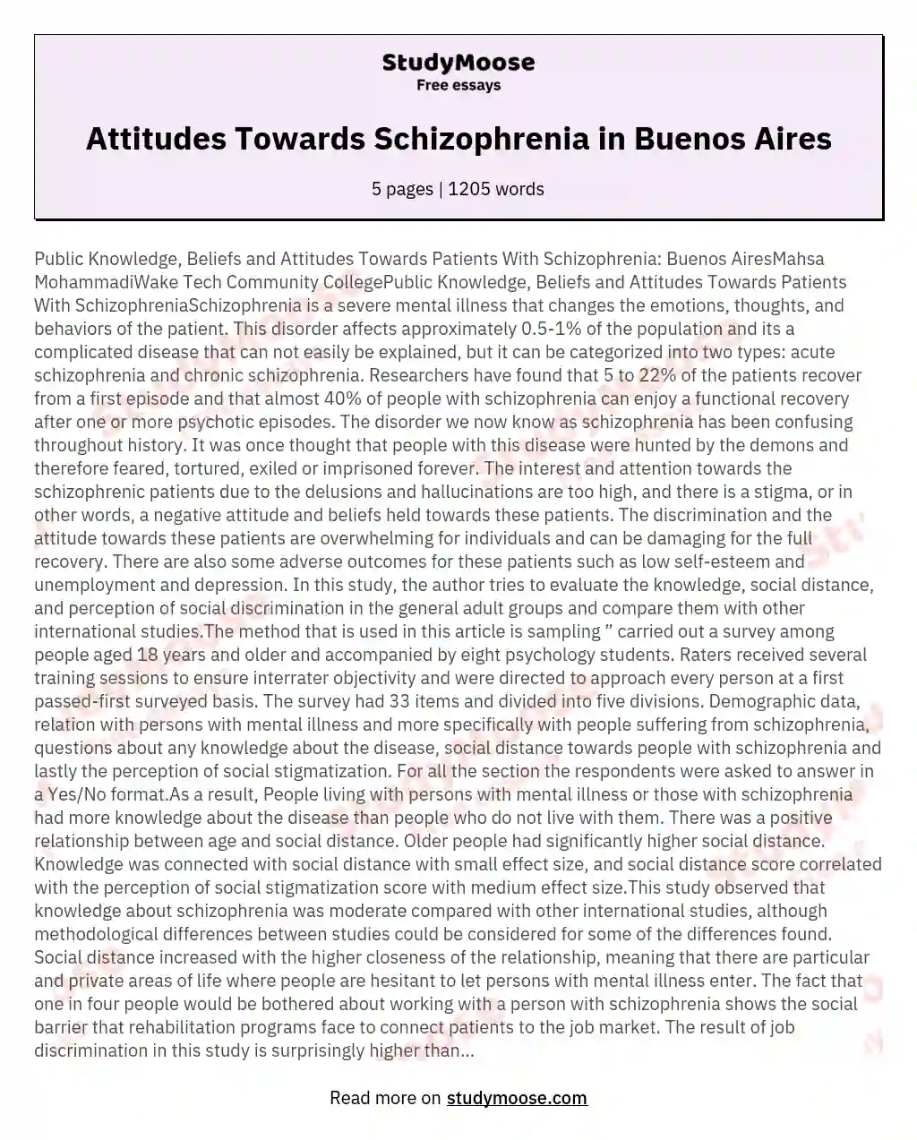 Public Knowledge Beliefs and Attitudes Towards Patients With Schizophrenia Buenos AiresMahsa MohammadiWake