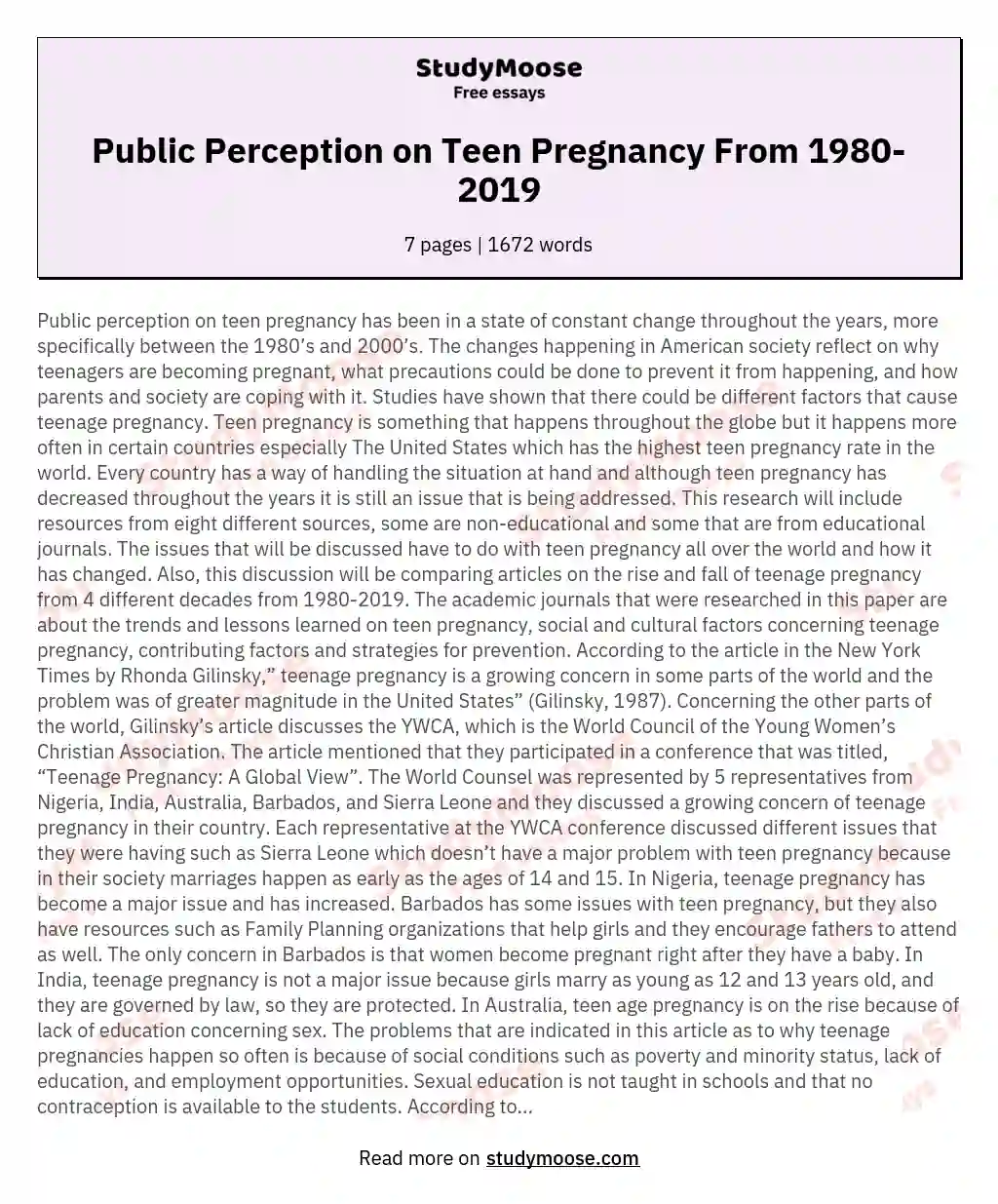 Public Perception on Teen Pregnancy From 1980-2019 essay