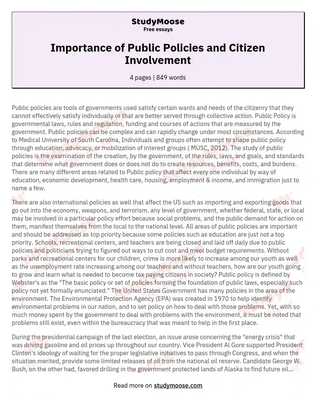 Importance of Public Policies and Citizen Involvement essay