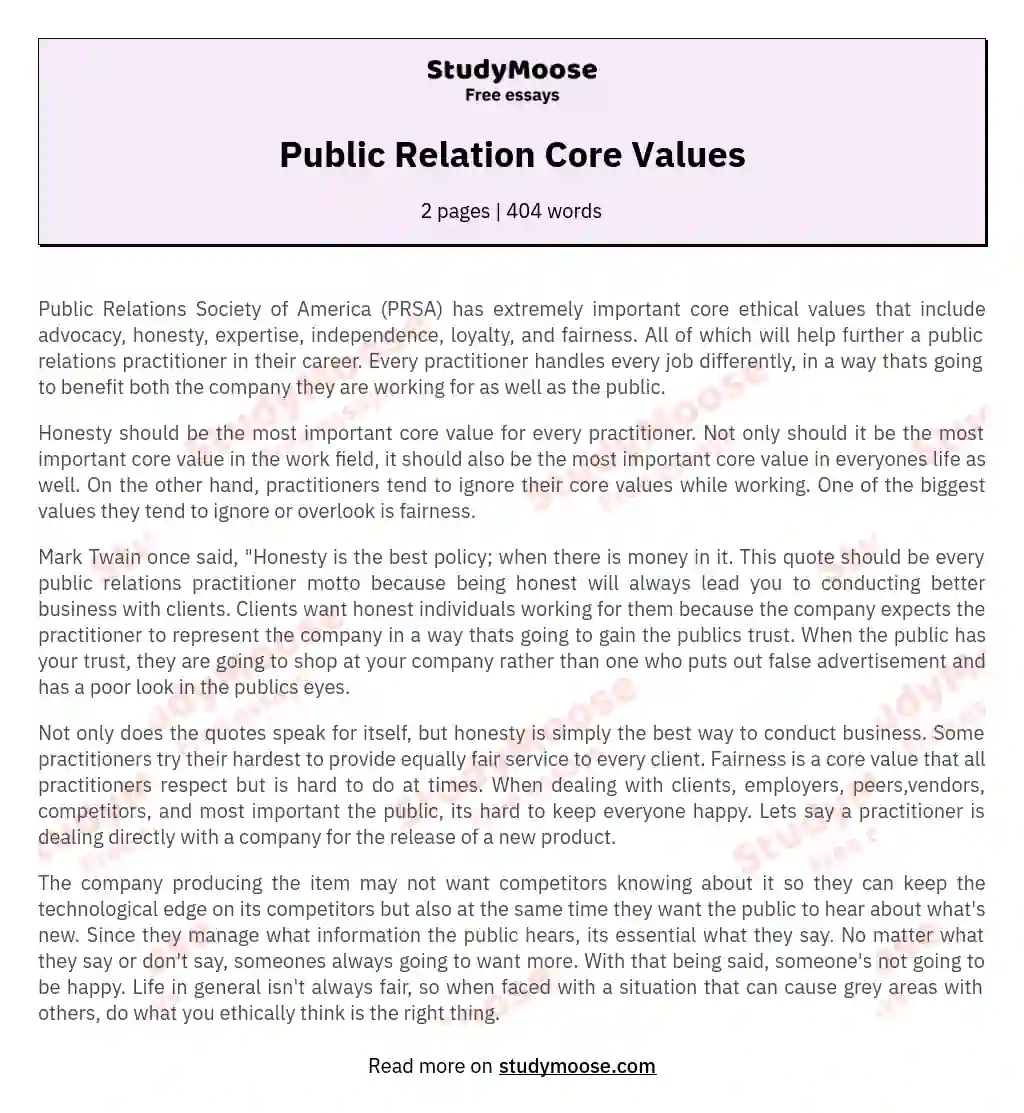 Public Relation Core Values essay