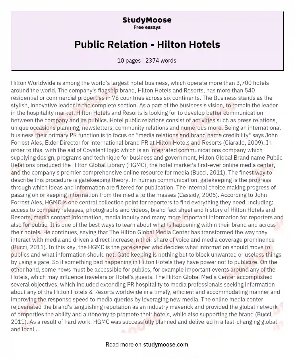 Public Relation - Hilton Hotels essay