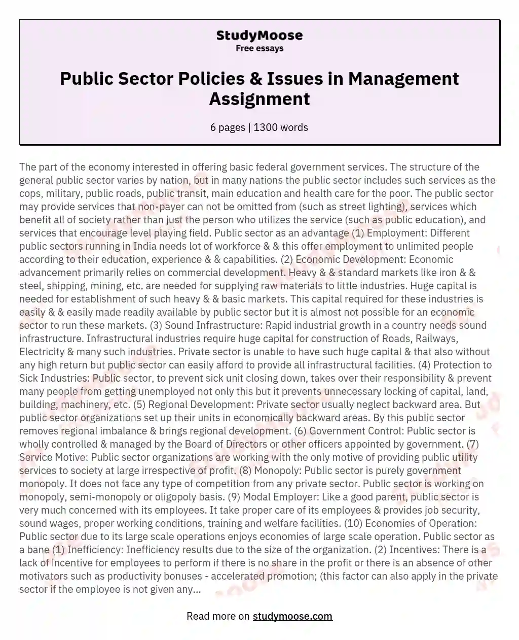 Public Sector Policies &amp; Issues in Management Assignment essay