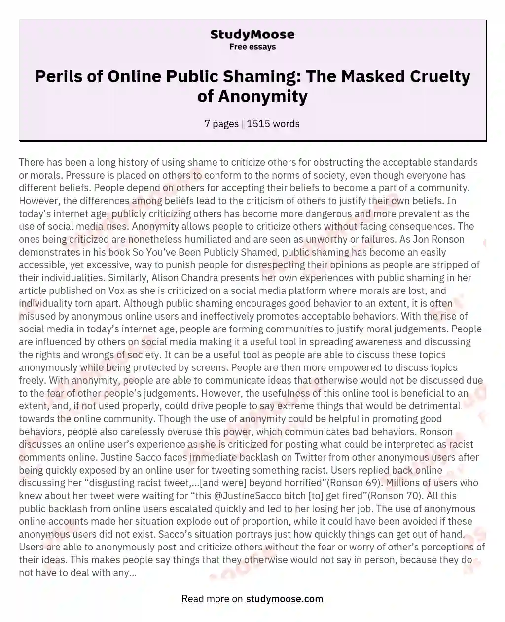 Perils of Online Public Shaming: The Masked Cruelty of Anonymity essay