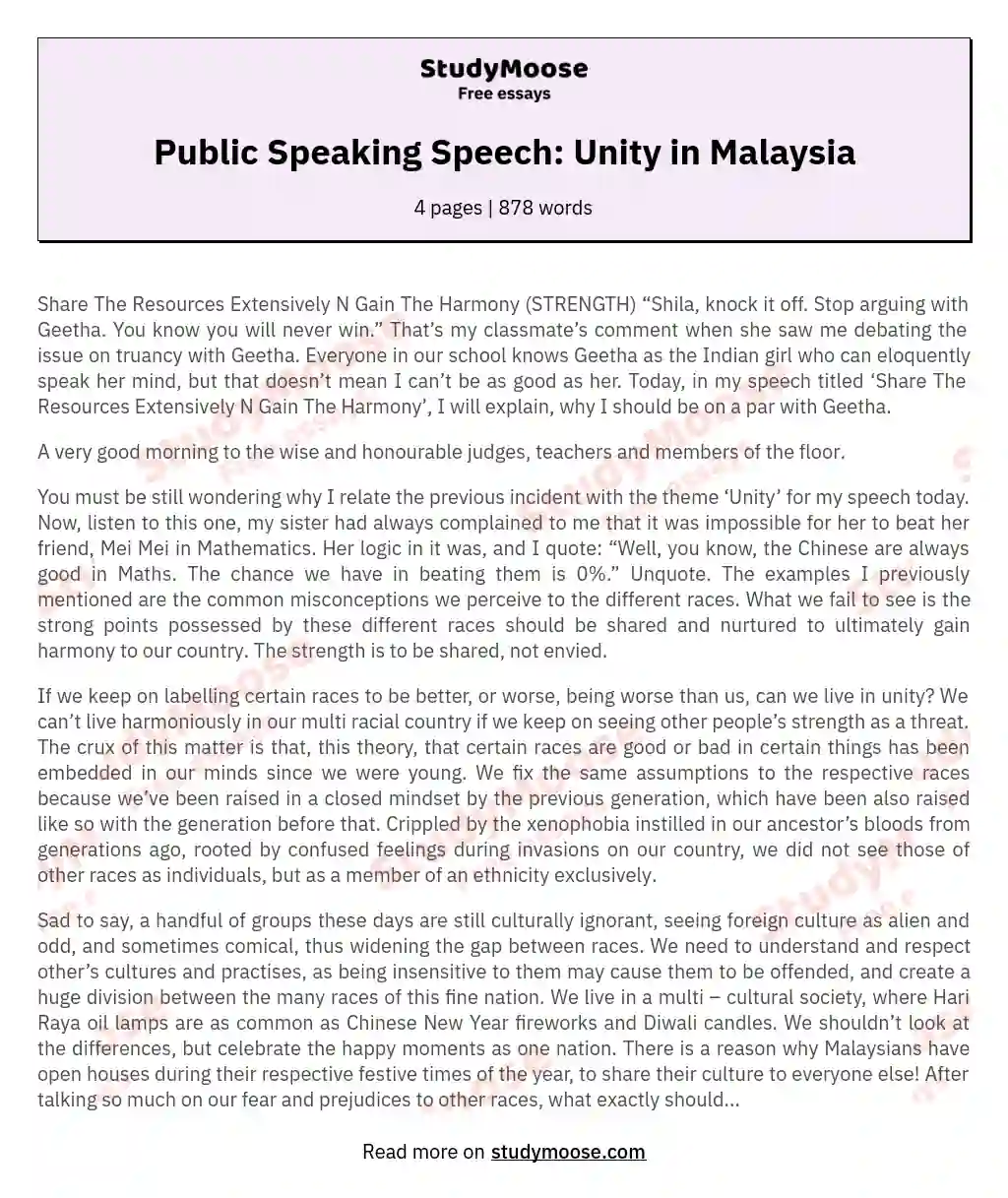Public Speaking Speech: Unity in Malaysia essay