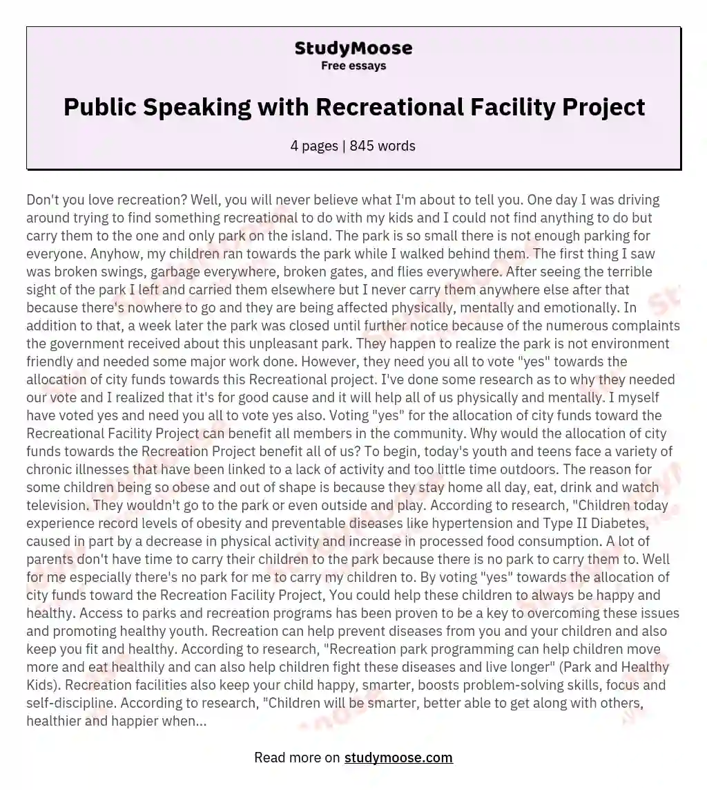 Public Speaking with Recreational Facility Project
