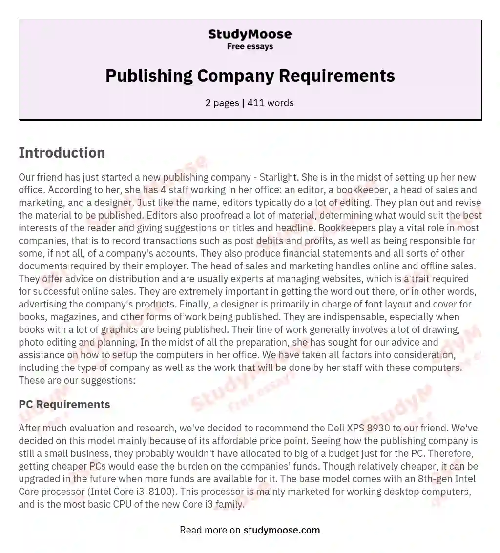 Publishing Company Requirements essay