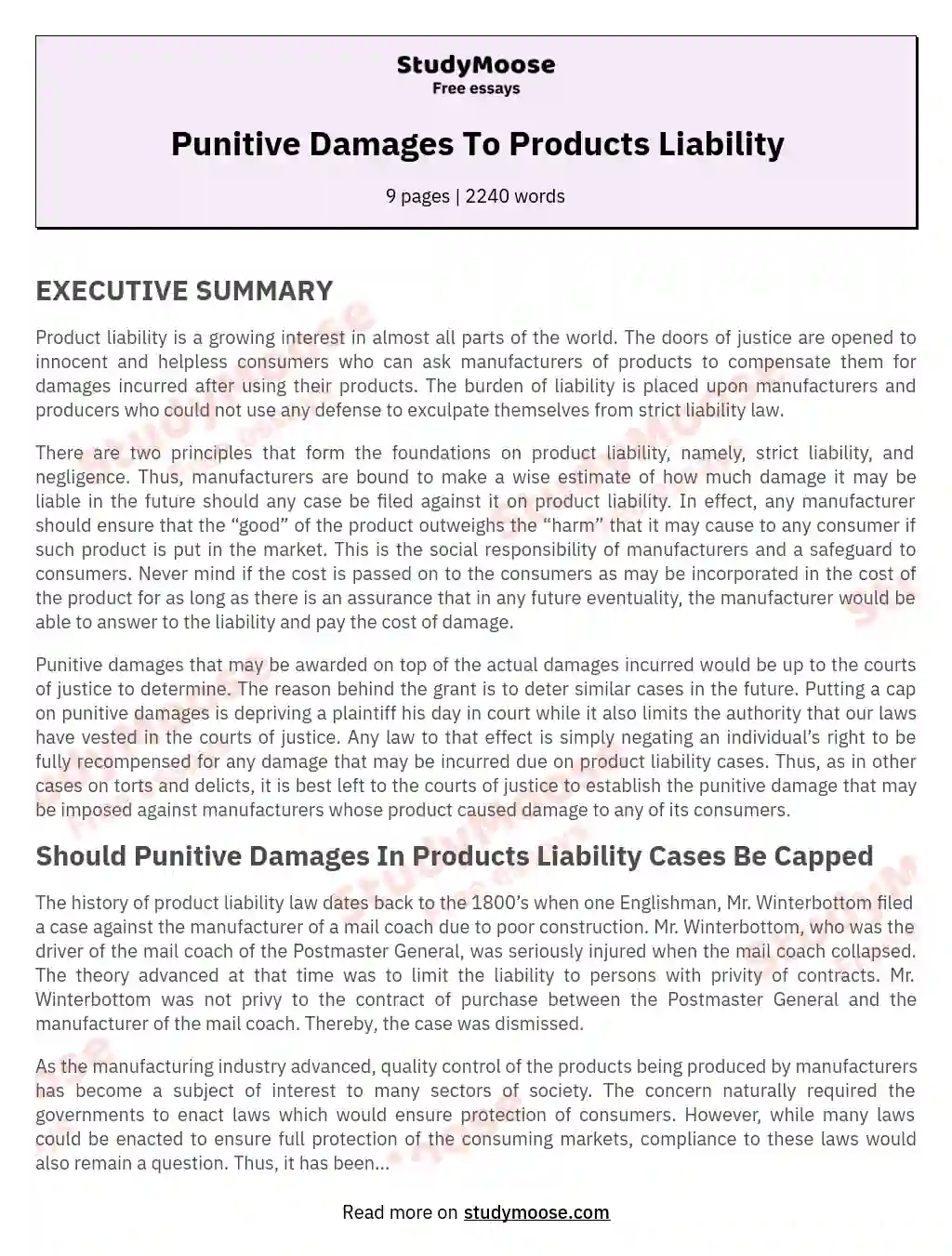 Punitive Damages To Products Liability