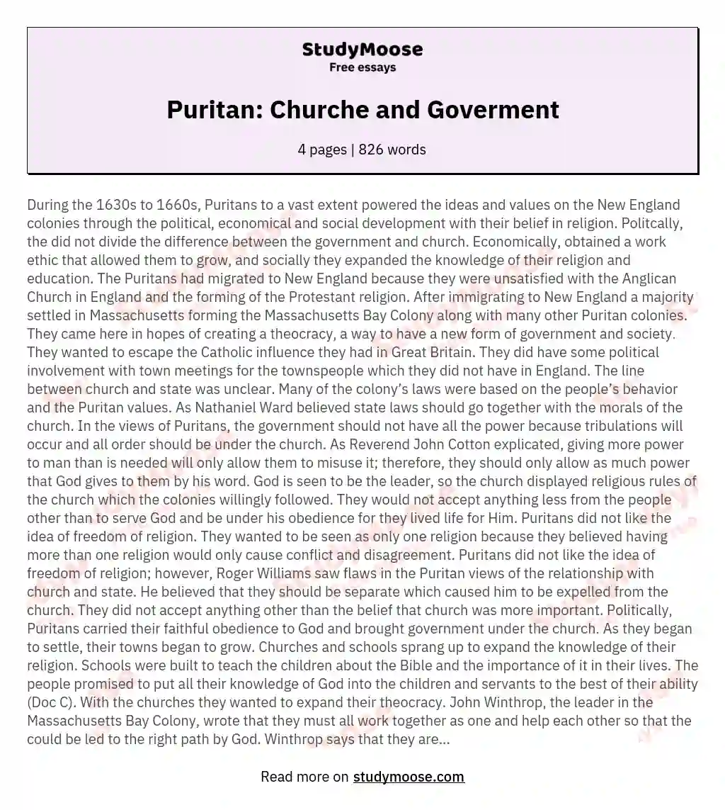 Puritan: Churche and Goverment essay
