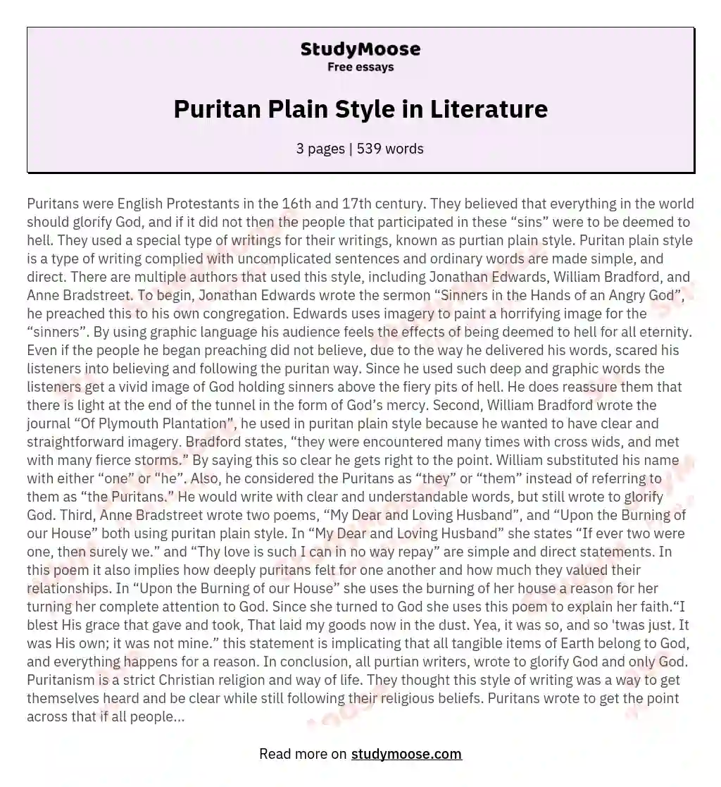 Puritan Plain Style in Literature essay