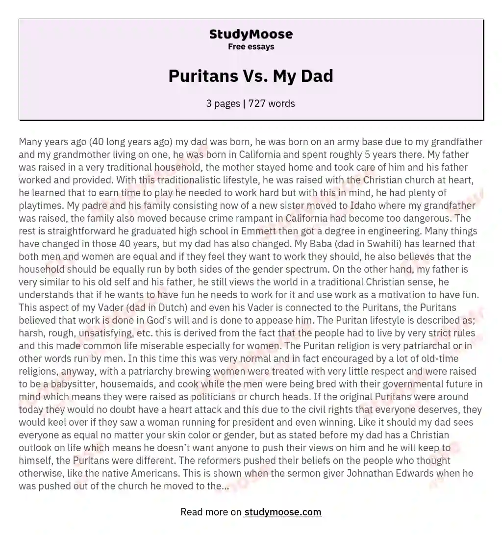 Puritans  Vs. My Dad essay