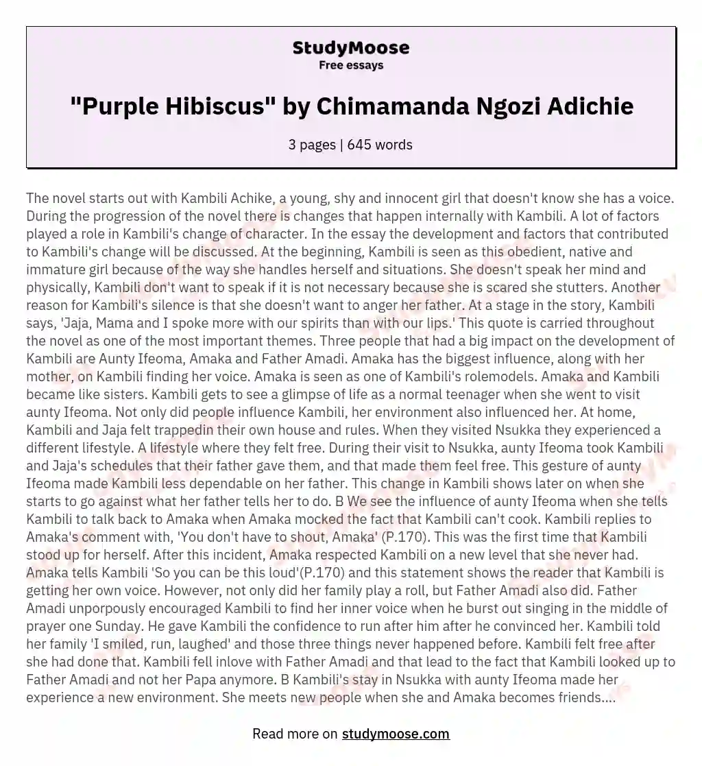 "Purple Hibiscus" by Chimamanda Ngozi Adichie essay