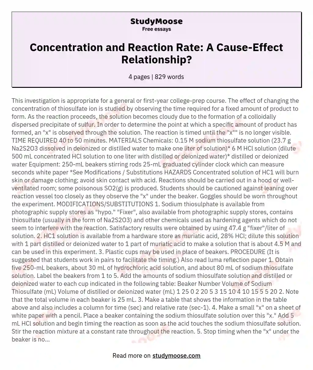 Concentration and Reaction Rate: A Cause-Effect Relationship?