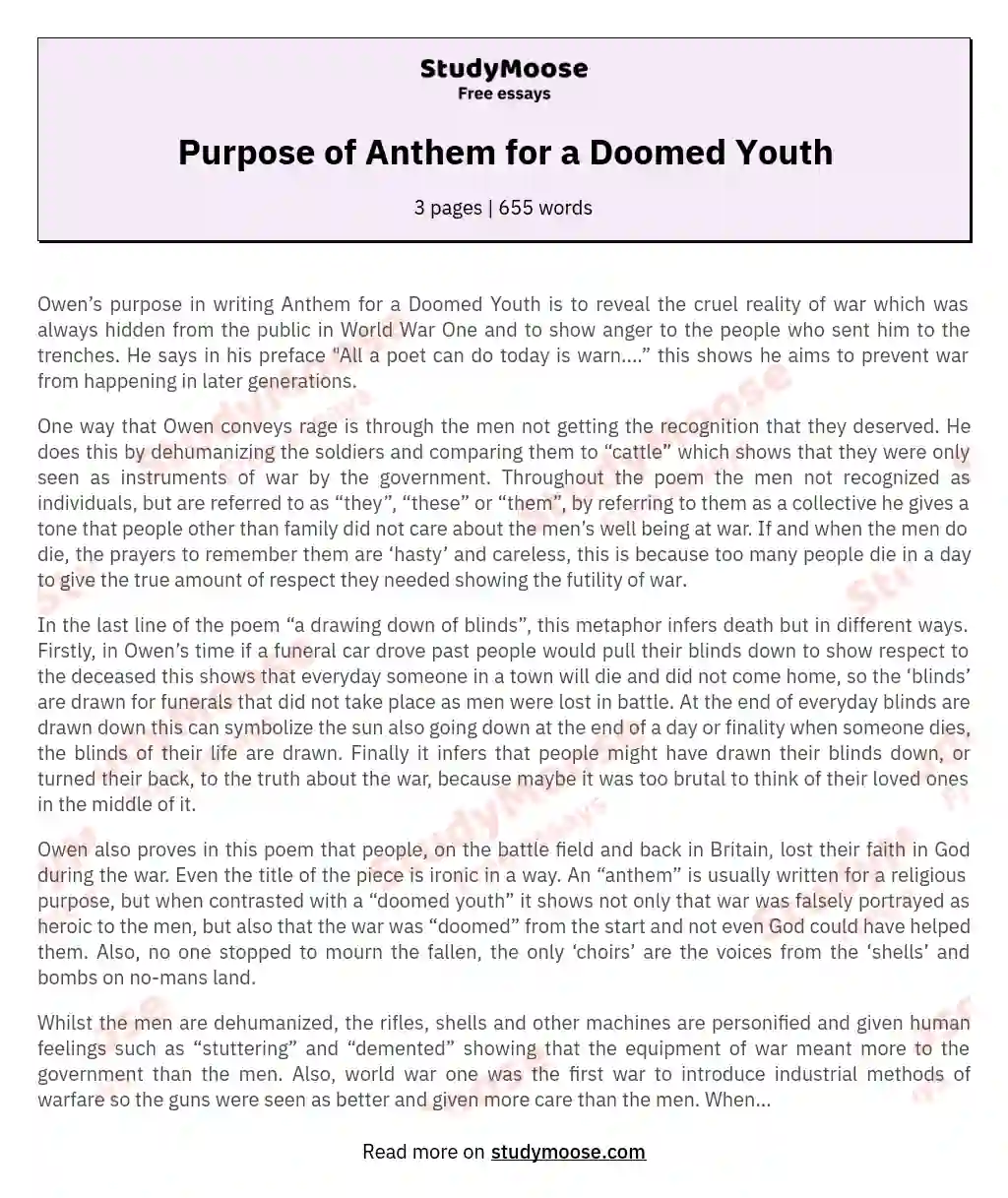 Purpose of Anthem for a Doomed Youth essay