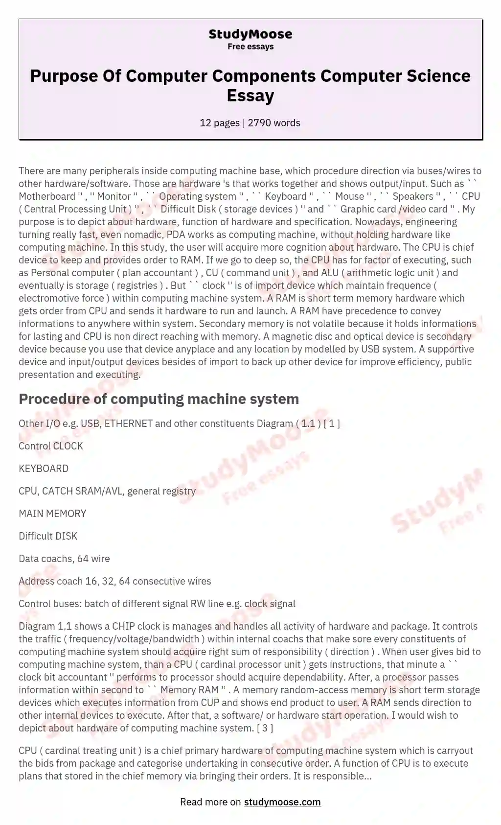 Purpose Of Computer Components Computer Science Essay essay