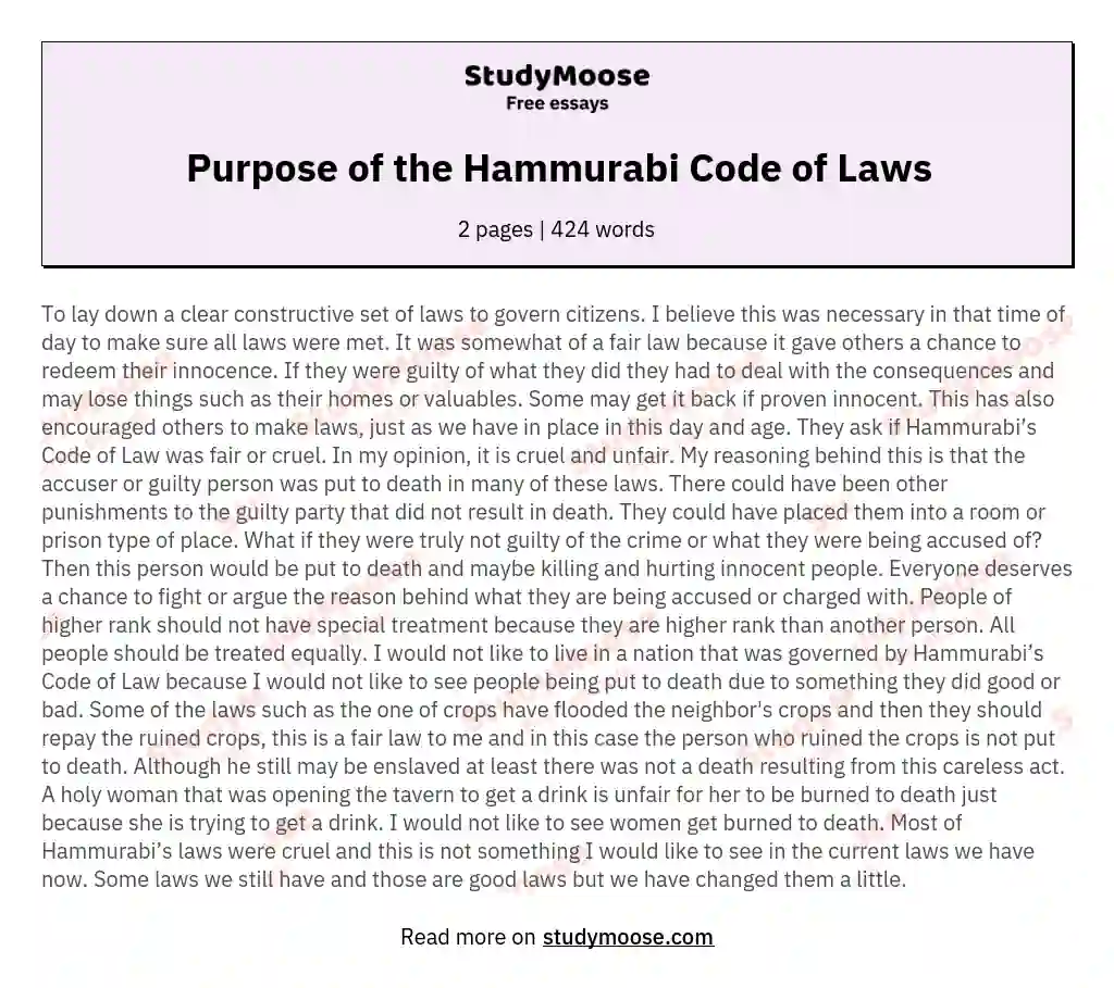 Purpose of the Hammurabi Code of Laws essay