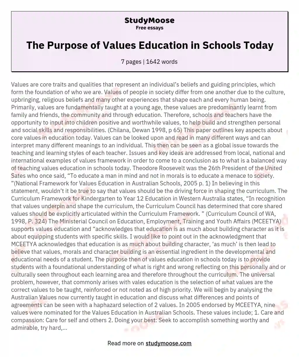 The Purpose of Values Education in Schools Today essay