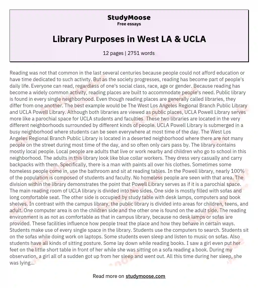Purposes of The West Los Angeles Regional Branch Public Library and the UCLA Powell Library