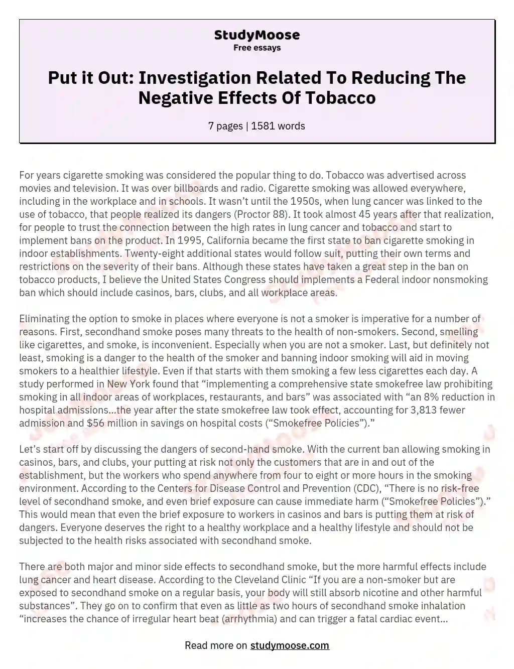 Put it Out: Investigation Related To Reducing The Negative Effects Of Tobacco essay