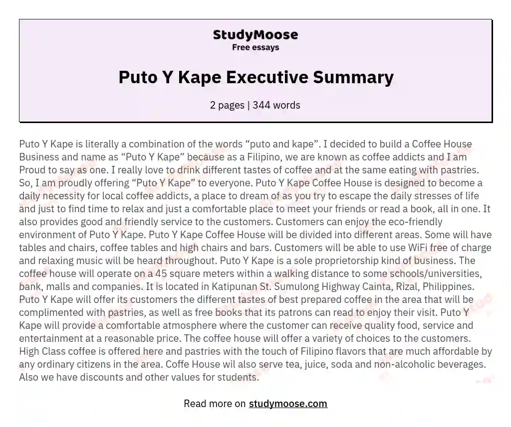 Puto Y Kape Executive Summary essay