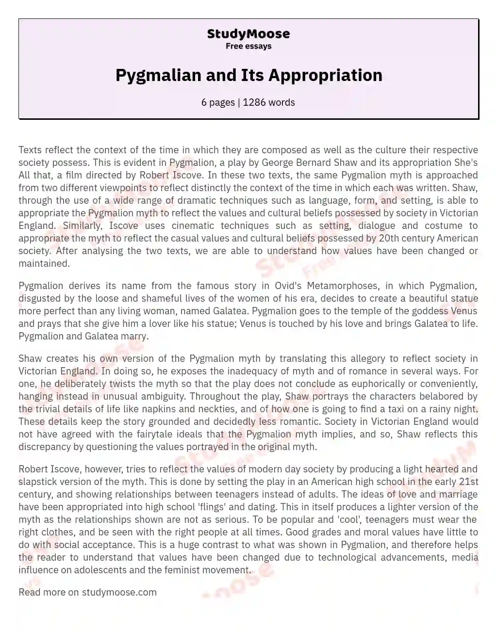 essay about pygmalion