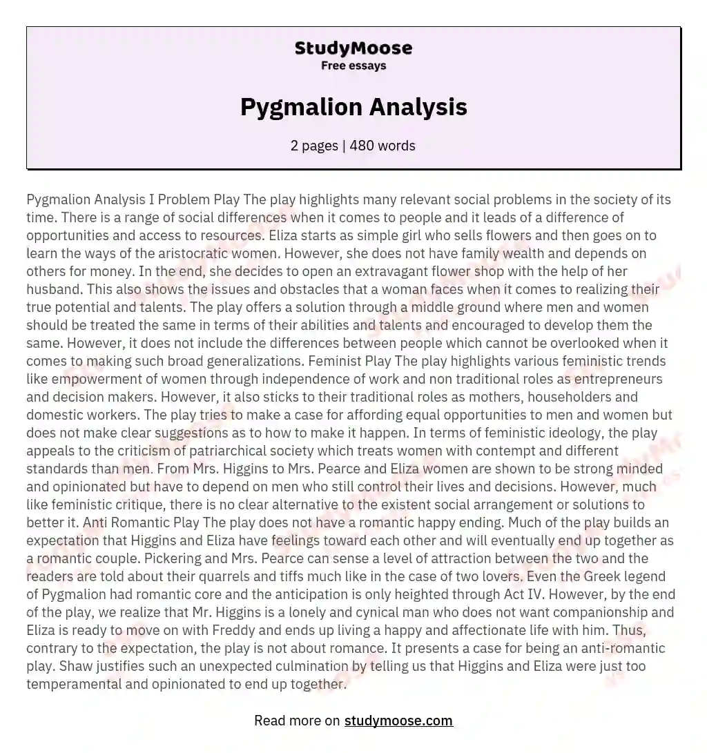 Pygmalion Analysis essay