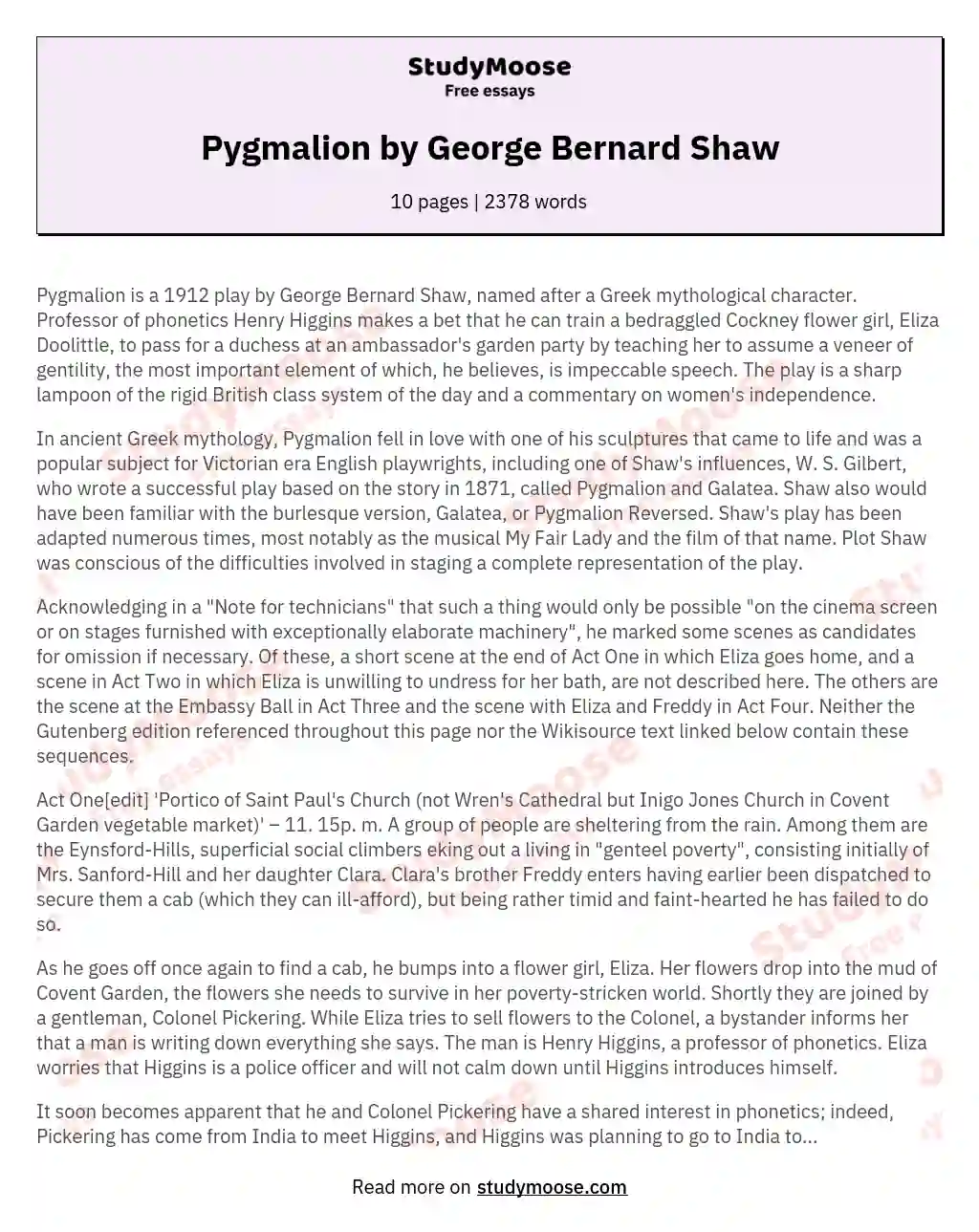 Pygmalion by George Bernard Shaw essay