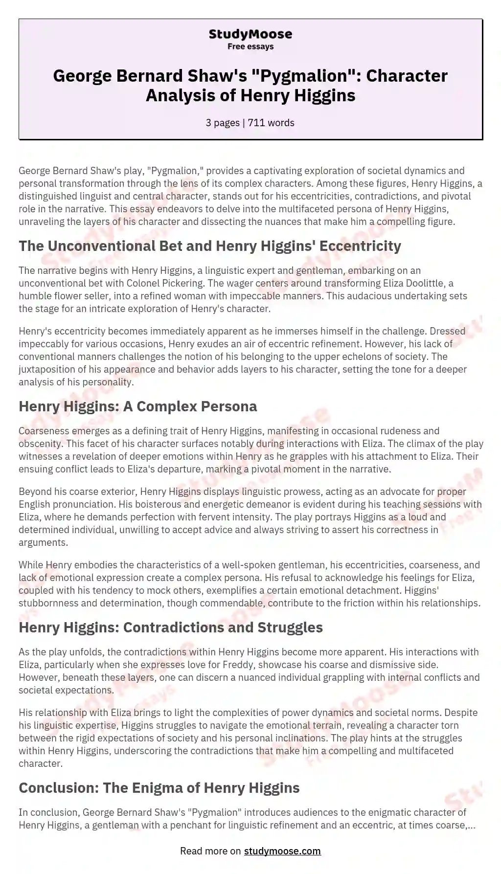 George Bernard Shaw's "Pygmalion": Character Analysis of Henry Higgins essay