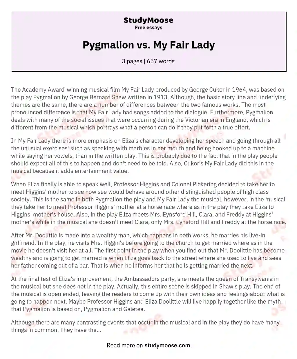 Pygmalion vs. My Fair Lady essay