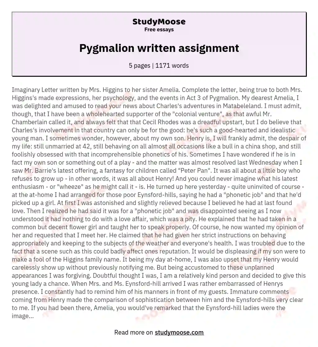 Pygmalion written assignment essay