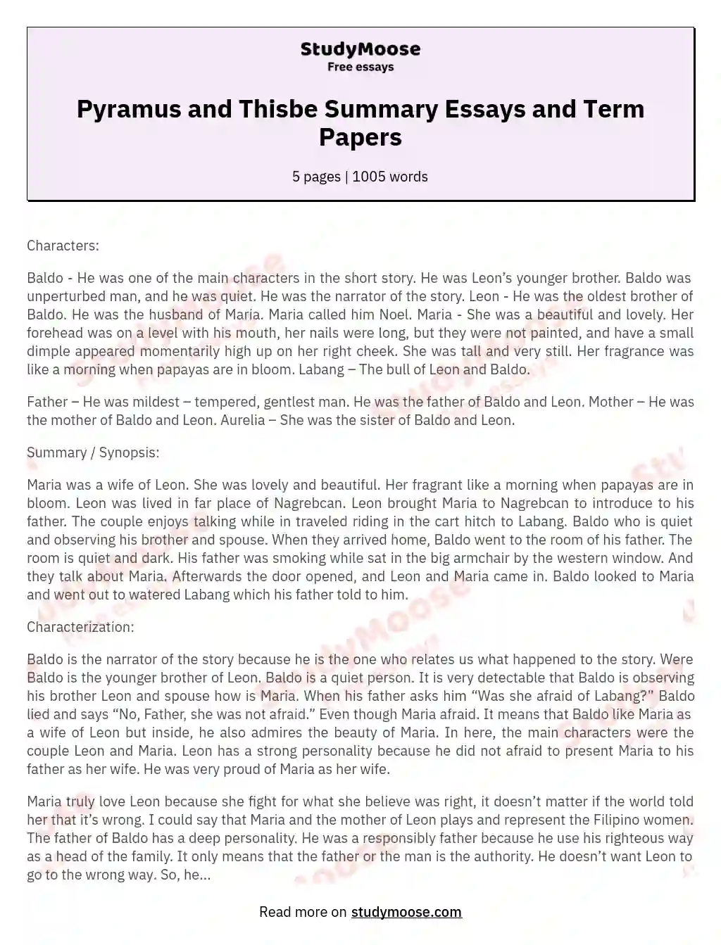 Pyramus and Thisbe Summary Essays and Term Papers essay