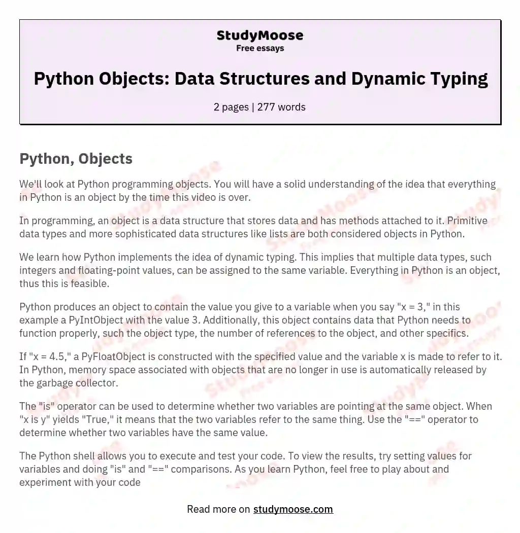 Python Objects: Data Structures and Dynamic Typing essay