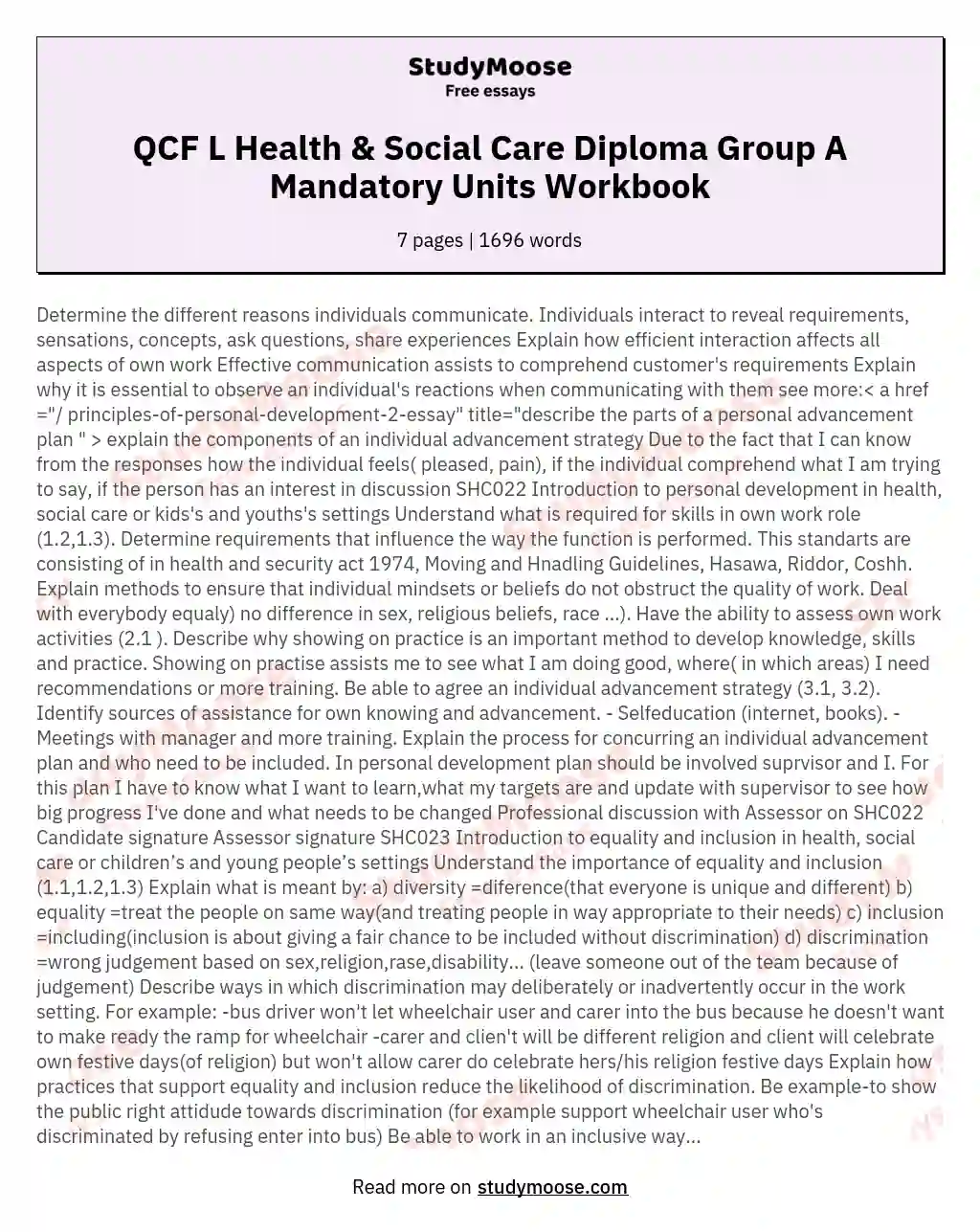 QCF L Health & Social Care Diploma Group A Mandatory Units Workbook essay