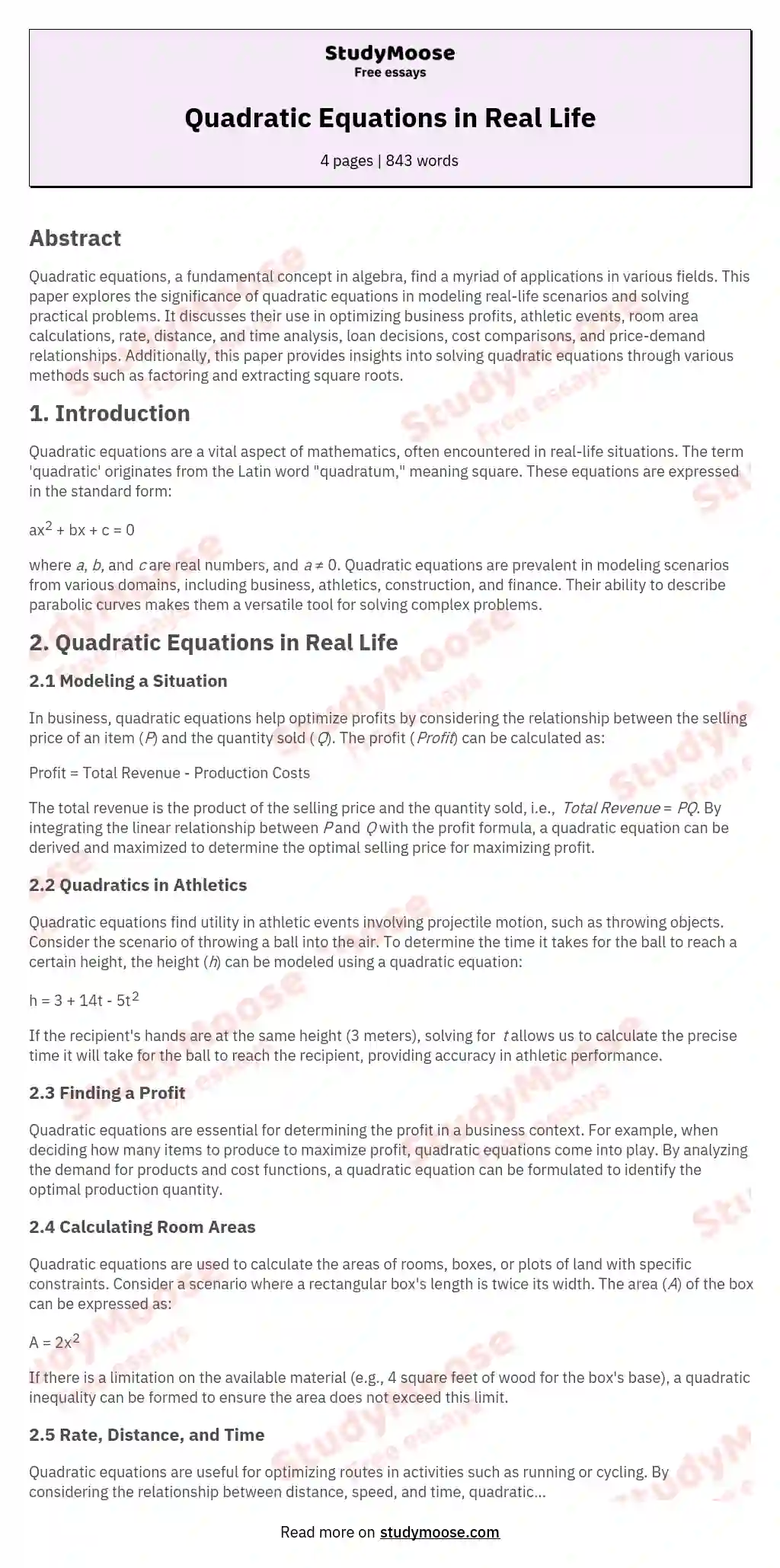 Quadratic Equations in Real Life essay