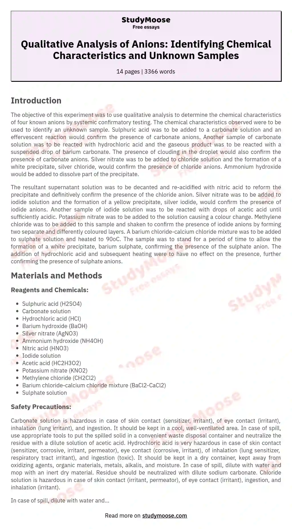 Qualitative Analysis of Anions: Identifying Chemical Characteristics and Unknown Samples essay