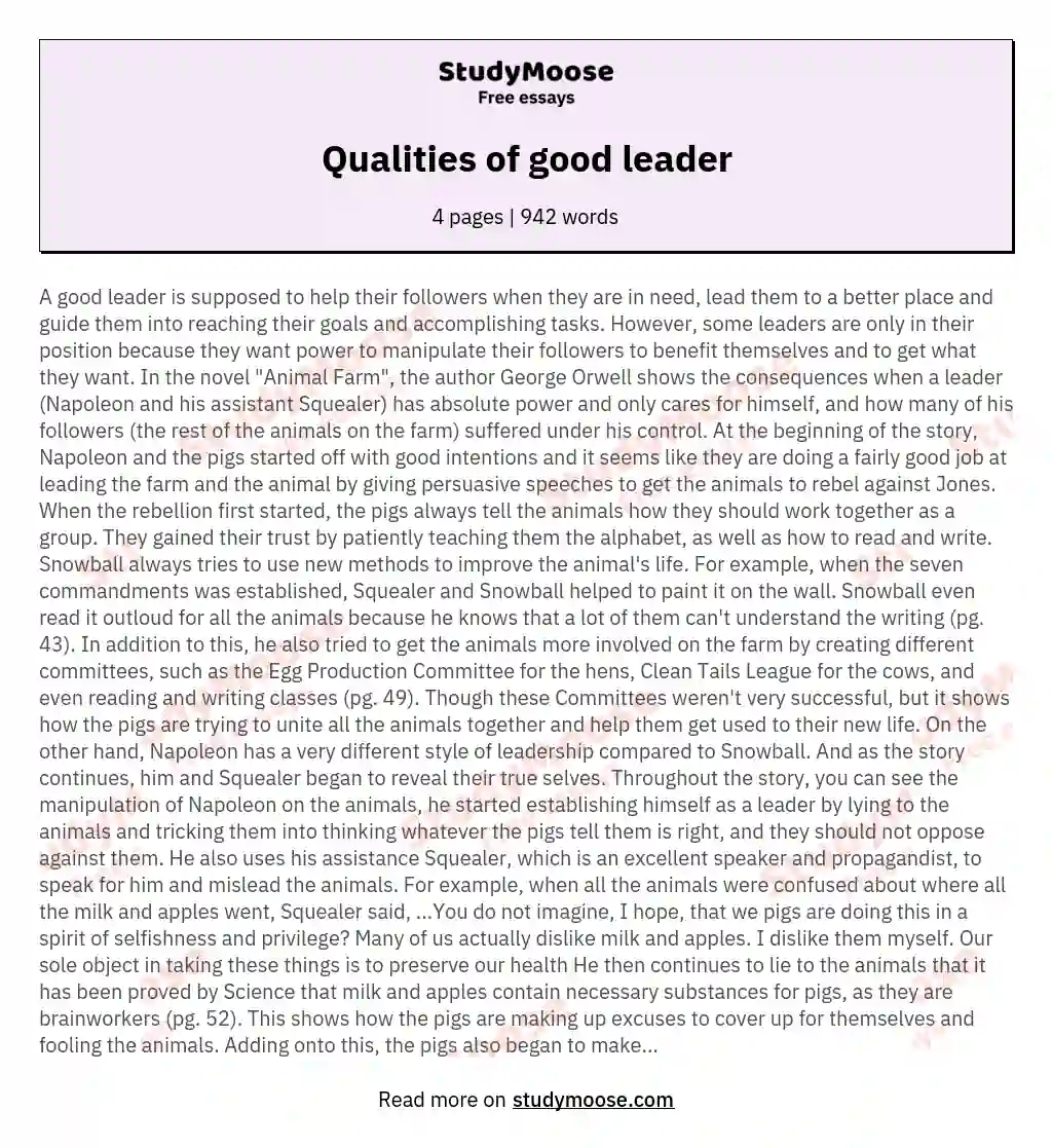 qualities of a good leader essay 100 words