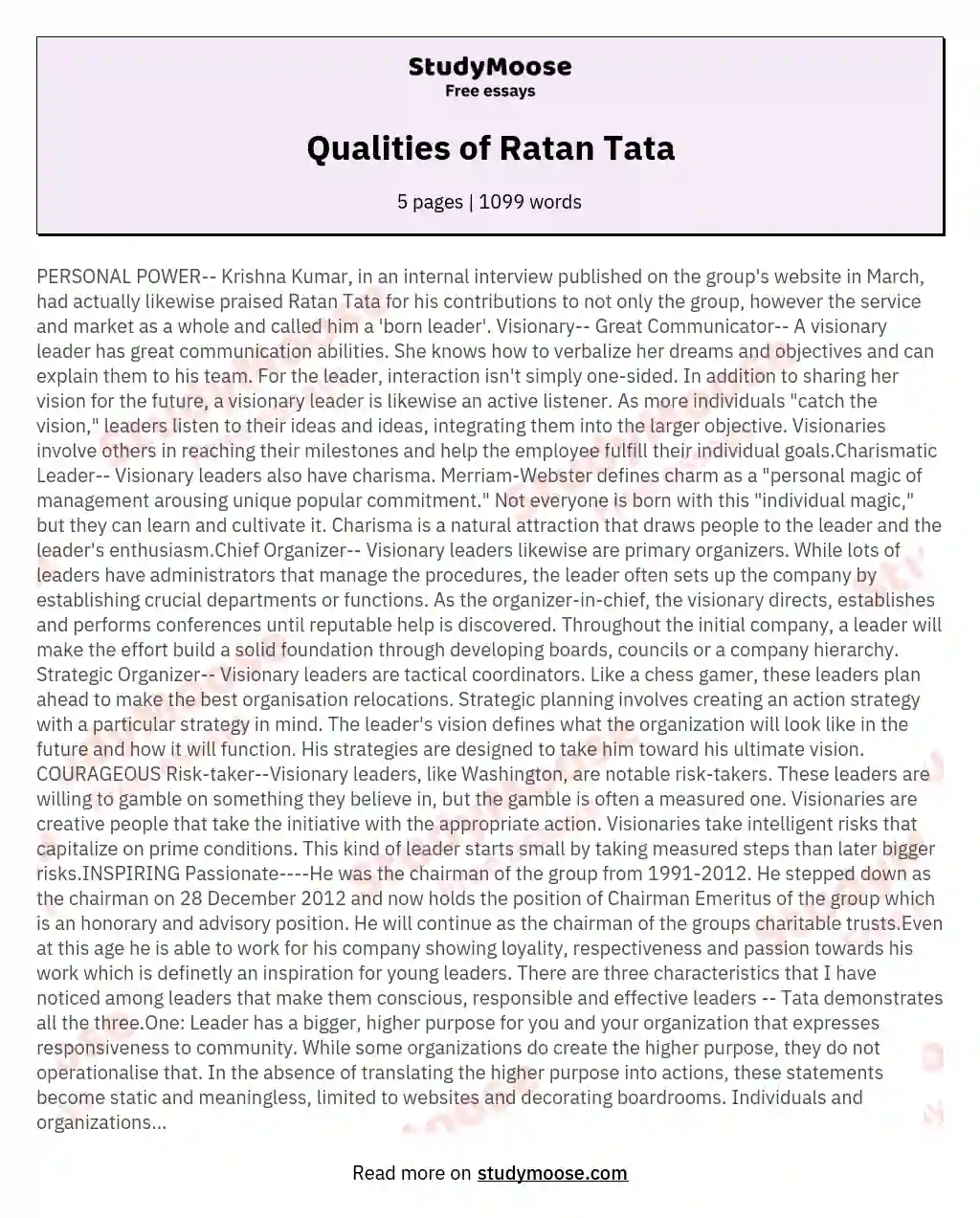 Qualities of Ratan Tata essay