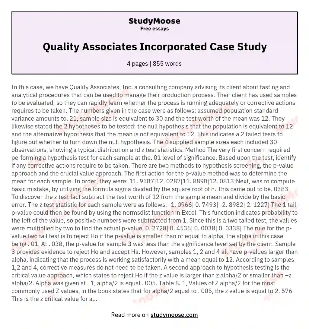 Quality Associates Incorporated Case Study essay