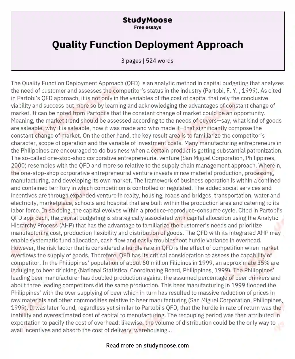 Quality Function Deployment Approach essay