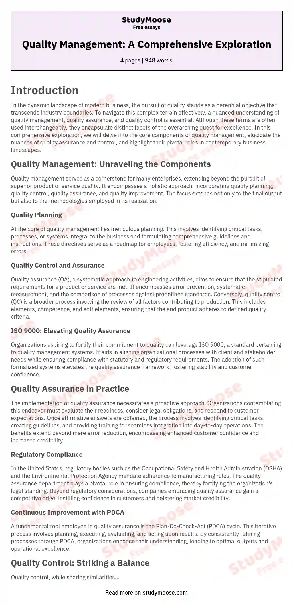 essay about total quality management