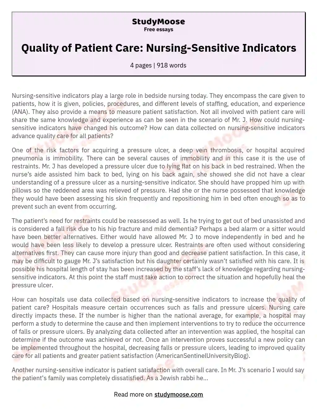 Quality of Patient Care: Nursing-Sensitive Indicators essay
