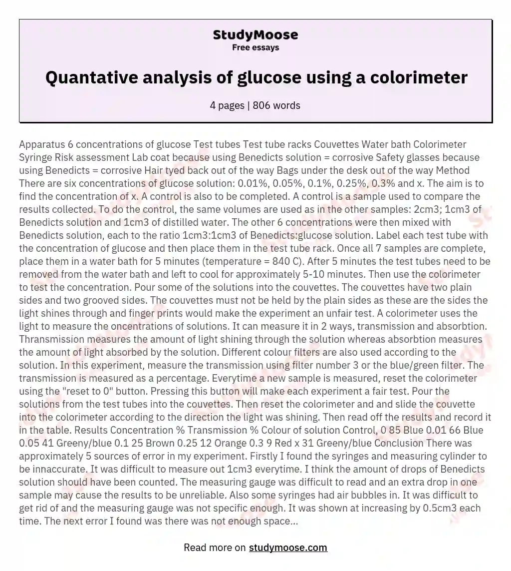 Quantative analysis of glucose using a colorimeter essay