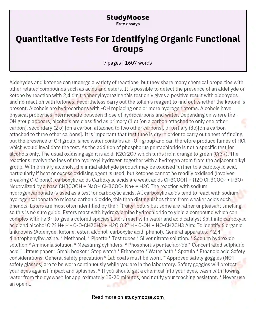 Quantitative Tests For Identifying Organic Functional Groups