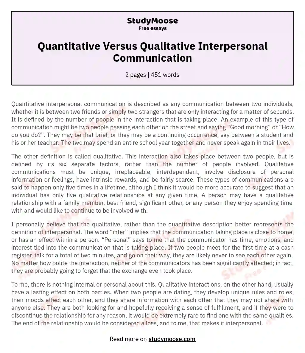Quantitative Versus Qualitative Interpersonal Communication essay