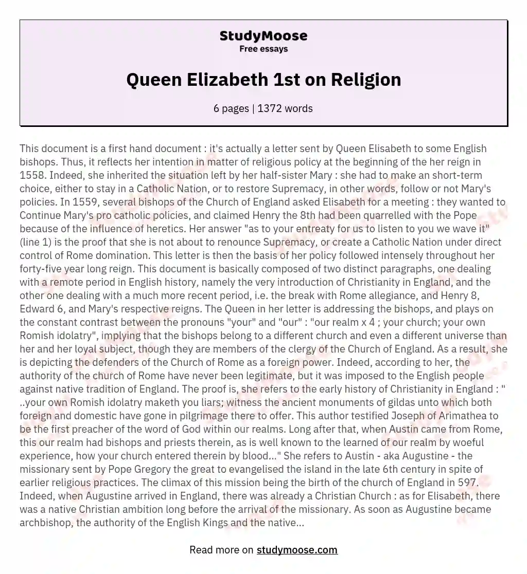 Queen Elizabeth 1st on Religion essay