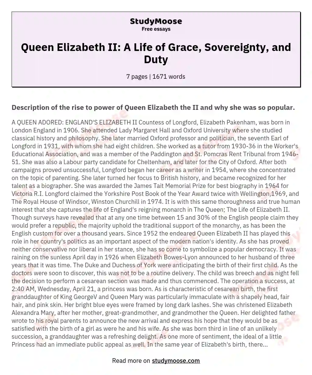 Queen Elizabeth II: A Life of Grace, Sovereignty, and Duty essay